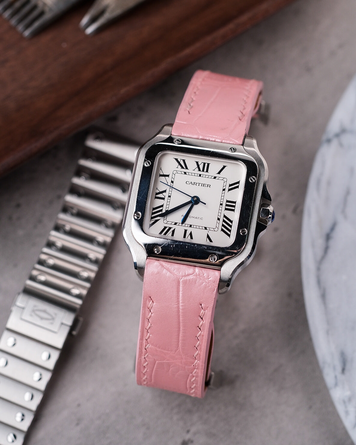 Cartier santos pink strap sale