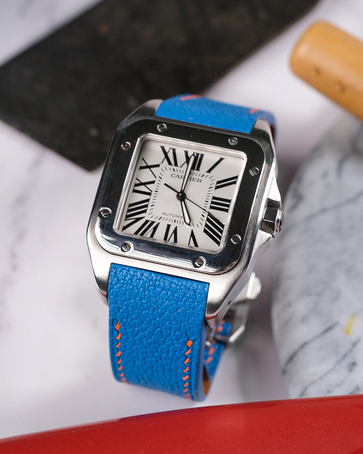 Cartier santos 100 hot sale blue strap