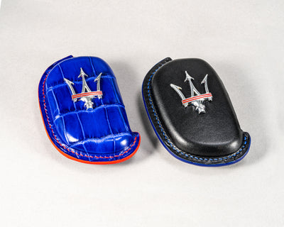 Bespoke Key Fob Covers in Electric Blue Crocodile & Black Nappa