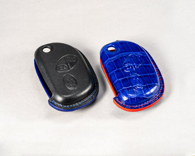 Bespoke Key Fob Covers in Electric Blue Crocodile & Black Nappa