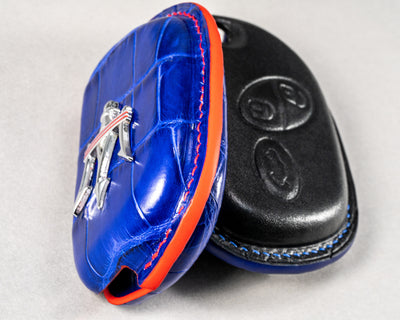 Bespoke Key Fob Covers in Electric Blue Crocodile & Black Nappa