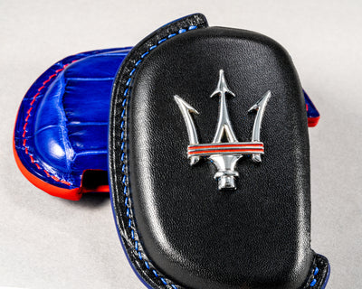 Bespoke Key Fob Covers in Electric Blue Crocodile & Black Nappa