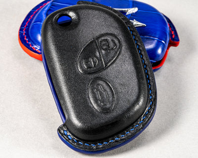 Bespoke Key Fob Covers in Electric Blue Crocodile & Black Nappa