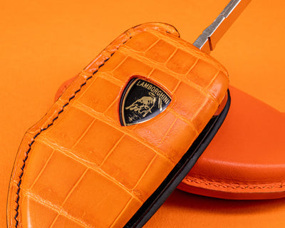 Bespoke Key Fob Cover in Orange Crocodile and Orange Nappa