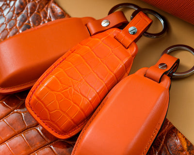 Bespoke Key Fob Covers in Orange Nappa & Crocodile