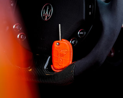 Bespoke Key Fob Cover in Volcano Orange Alligator