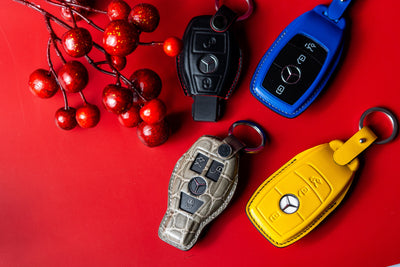 Bespoke Key Fob Covers in Grey Crocodile & Black, Electric Blue & Yellow Nappa