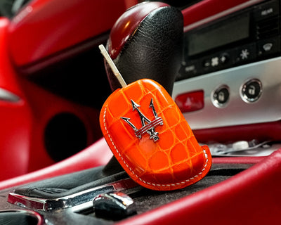 Bespoke Key Fob Cover in Volcano Orange Alligator