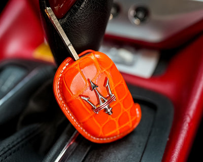 Bespoke Key Fob Cover in Volcano Orange Alligator