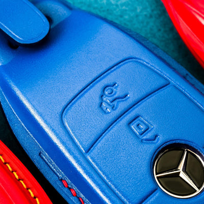 Bespoke Key Fob Covers in Blue & Red Crocodile