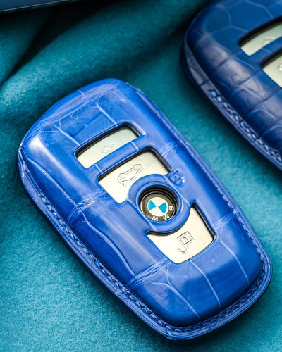 Bespoke Key Fob Covers in Blue Crocodile & Nappa