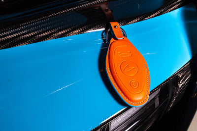 Bespoke Key Fob Cover in Orange Nappa & Turquoise Blue Crocodile