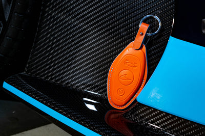 Bespoke Key Fob Cover in Orange Nappa & Turquoise Blue Crocodile