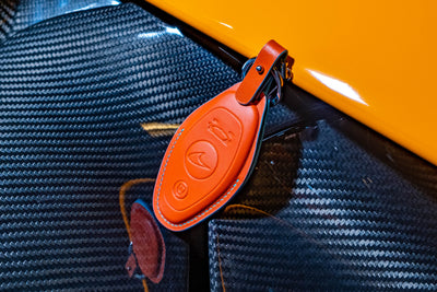 Bespoke Key Fob Cover in Orange Nappa & Turquoise Blue Crocodile