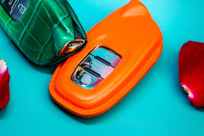 Bespoke Key Fob Cover in Green Crocodile & Orange Nappa