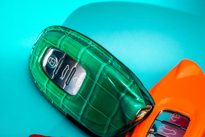 Bespoke Key Fob Cover in Green Crocodile & Orange Nappa