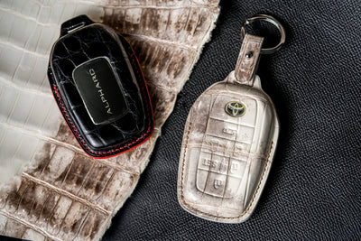 Bespoke Key Fob Covers in Natural Himalayan & Black Crocodile