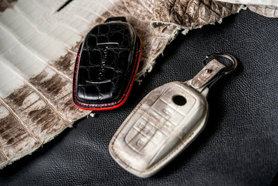 Bespoke Key Fob Covers in Natural Himalayan & Black Crocodile