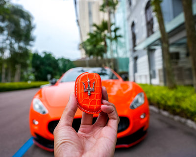 Bespoke Key Fob Cover in Volcano Orange Alligator