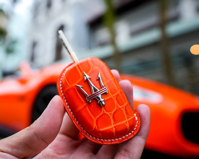 Bespoke Key Fob Cover in Volcano Orange Alligator