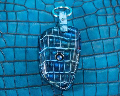 Bespoke Key Fob Cover in Pearl Blue Crocodile