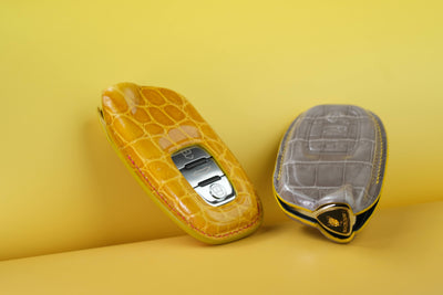 Bespoke Key Fob Covers in Yellow and Grey Crocodile