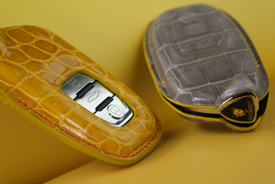 Bespoke Key Fob Covers in Yellow and Grey Crocodile