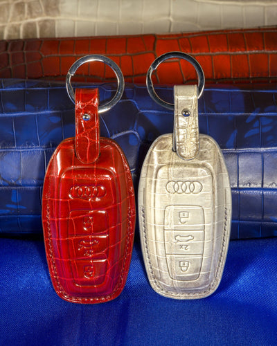 Bespoke Key Fob Covers in Blood Red & Grey Himalayan Crocodile