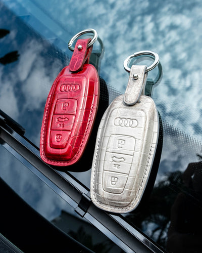 Bespoke Key Fob Covers in Blood Red & Grey Himalayan Crocodile