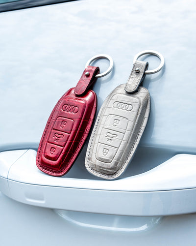 Bespoke Key Fob Covers in Blood Red & Grey Himalayan Crocodile