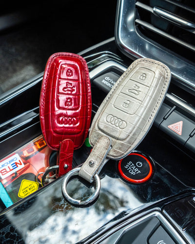 Bespoke Key Fob Covers in Blood Red & Grey Himalayan Crocodile