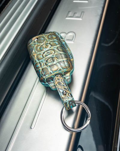 Bespoke Key Fob Cover in Gold Turquiose Crocodile