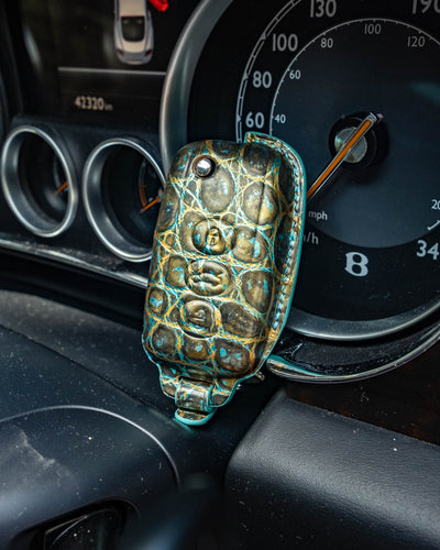 Bespoke Key Fob Cover in Gold Turquiose Crocodile