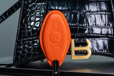 Bespoke Key Fob Cover in Orange Nappa & Black Crocodile